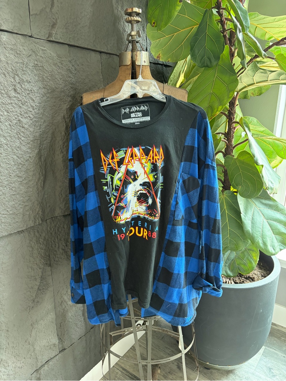 NOT PERFECT Black Graphic Band Tee with Blue Plaid Shirt Overlay